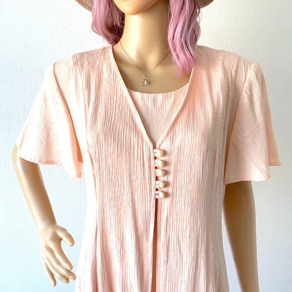 Vintage Crinkle Dress Textured Dress Shoulder Pads Summer Modest Church Feminine - Picture 9 of 10